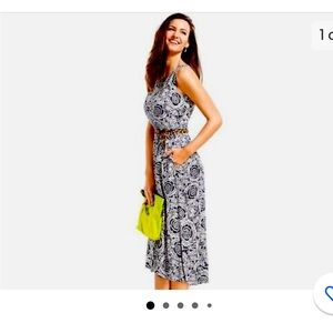 CAbi Floral Midi Dress Navy White Size M Pockets Blouson Elastic Waist